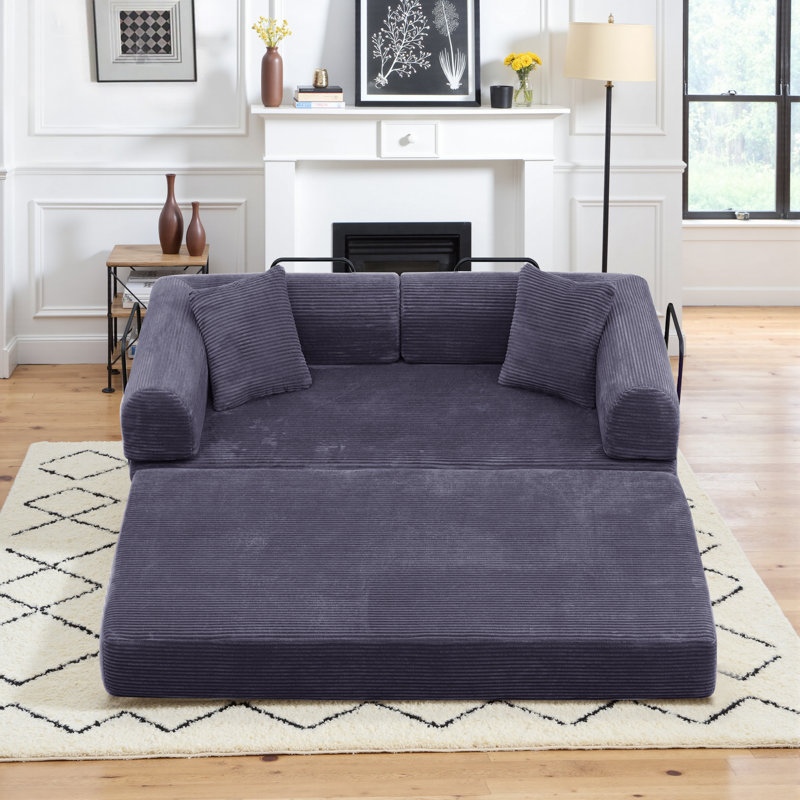 63" Boneless Corduroy Sleeper Sofa Bed, Modular Futon Couch, Compression Foam Sofa with 2 Pillows, No Assembly Required, Gray