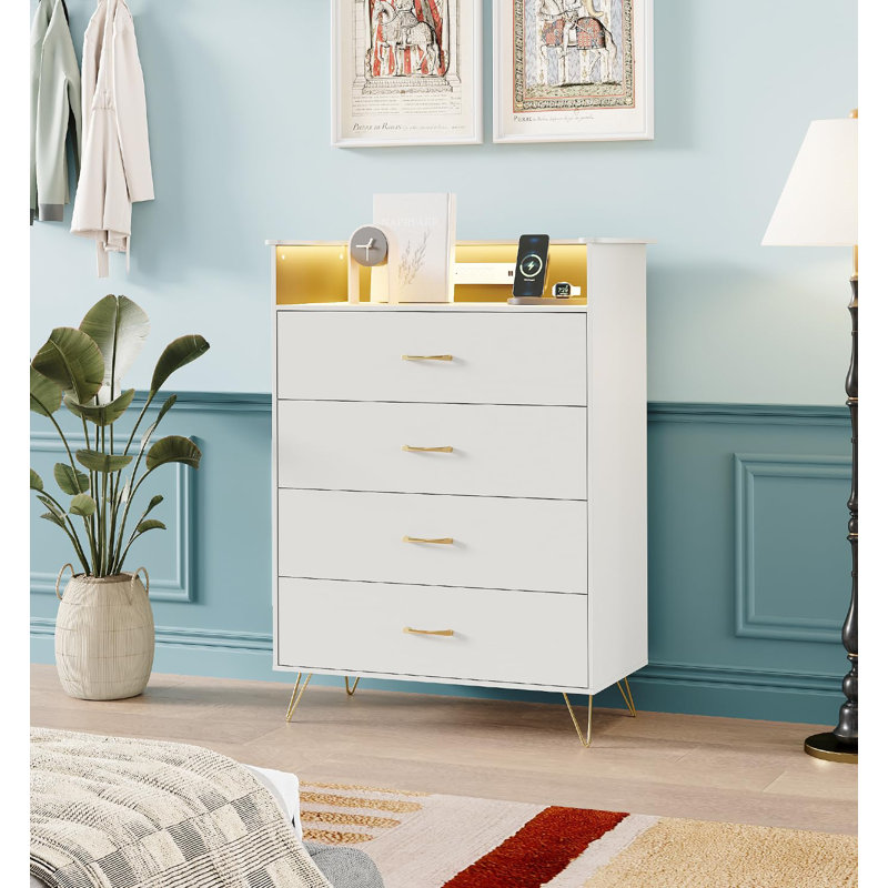 4 Drawer Dresser with Power Outlets & RGB LED Lights, Tall Modern Wood Storage Chest with App Control, White