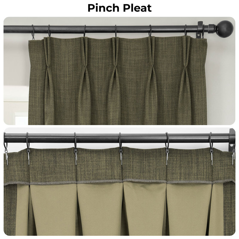 French Pleated Textured Faux Linen Room Darkening Curtains for Bedroom & Living Room Curtains - Single Panel Window Curtains