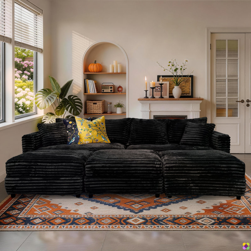 Gus 102.4"W/ 70.8"W Modular 7 Seaters Corduroy Sectional, include 3 Ottomans, Black Plush Corduroy Fabric