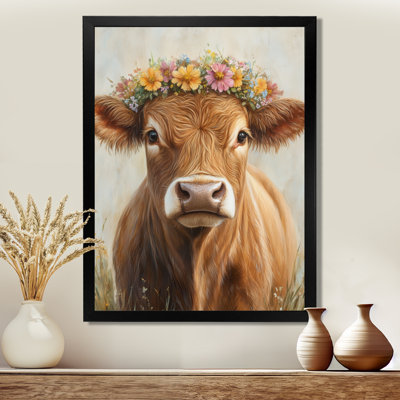 Brown Yellow Vintage Cow Portrait with Floral Crown - Picture Framed Wall Art