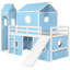 Lit mezzanine bleu avec glissade, tente rose et tour - construction en bois de pin massif, conception de fenêtre semblable, rangement supplémentaire en dessous avec pin, trois styles d'installation, dessous