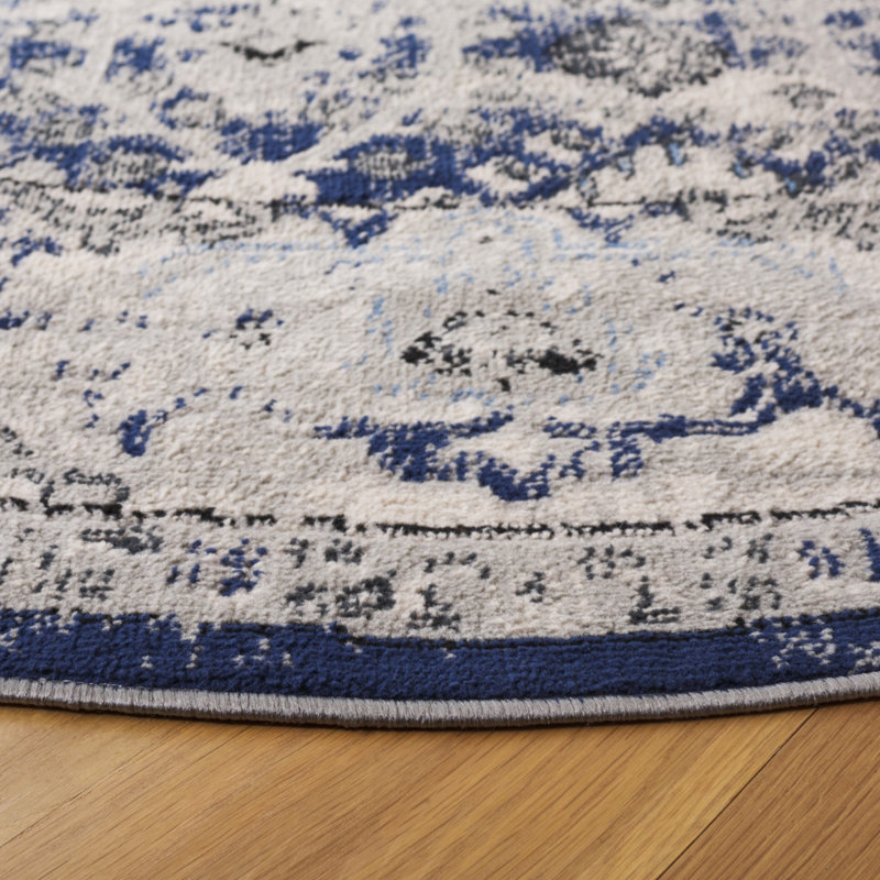 Tapis oriental en polyester tissé à la machine en gris / bleu, Rond 6 pi 7 po
