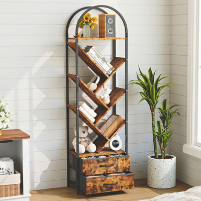55" Tree Bookshelf with 2 Fabric Drawers, 6-Tier Tall Narrow Bookcase for Small Spaces, Industrial Shelf Organizer