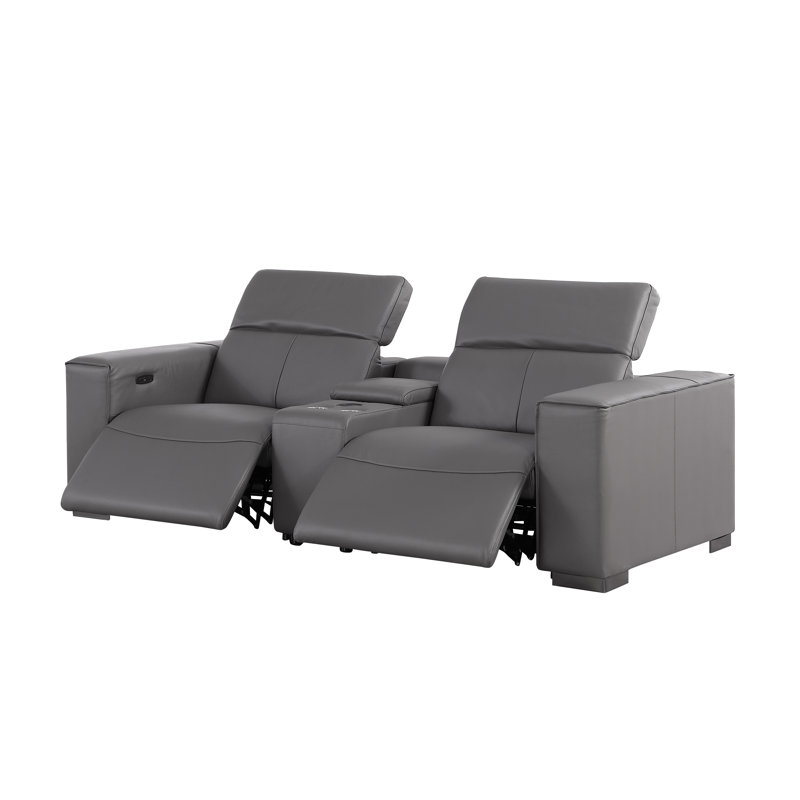 Luxurious Console Loveseat Power Reclining In Genuine Leather With Power Headrests, Dark Gray