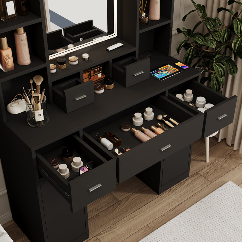 Meuble-lavabo en bois noir avec miroir DEL et séchoir à cheveux, Noir