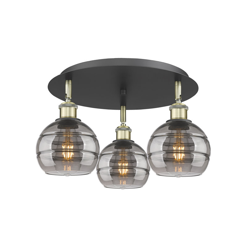 Plafonnier semi-encastré Glassoff, Gris fumée clair, H 8,88 po x l 17,63 po x P 17,63 po, Laiton antique noir