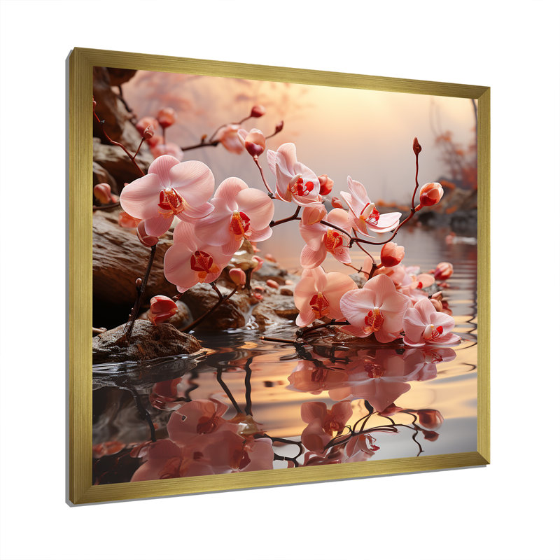 Orchidées dans des teintes d'améthyste poussent le long de l'eau sur toile, Cadre doré simple, H 30 po x l 30 po x P 1 po