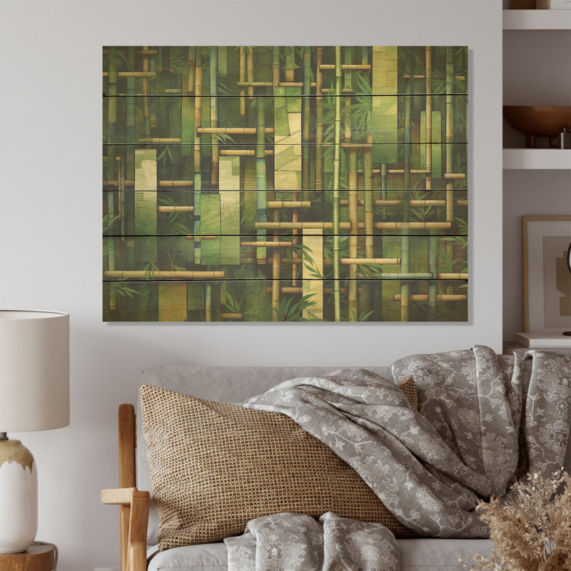 «Whispering Bamboo», motifs géométriques - Art mural en bois de bambou sur bois de pin naturel, H 10 po x l 20 po