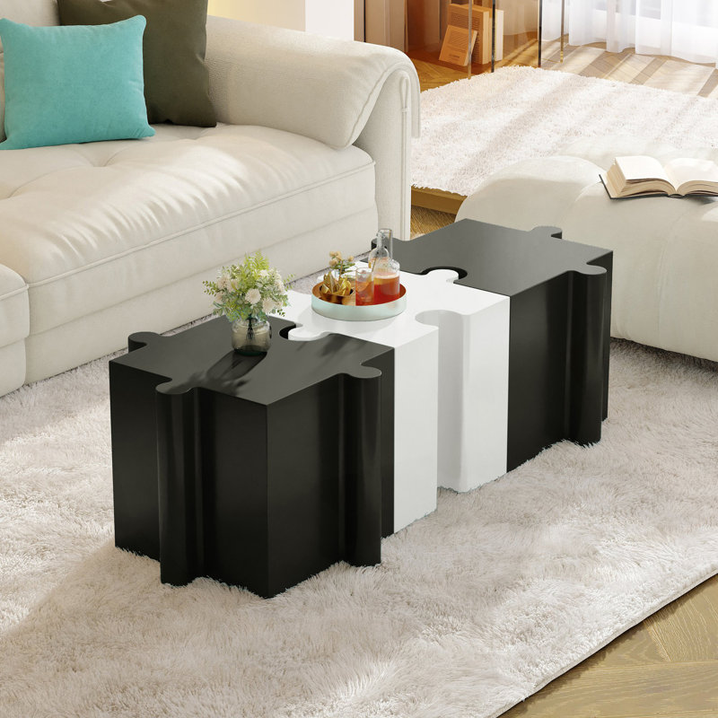 Ensemble de 3 tables de casse-tête artistiques, tables d'appoint modulaires avec emboîtement (2 convexes et 1 concave), noir et blanc