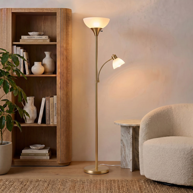 Lampe sur pied DEL industrielle à 3 lumières avec 2 abat-jours en plastique Sky Dome Plus 72 po, Laiton