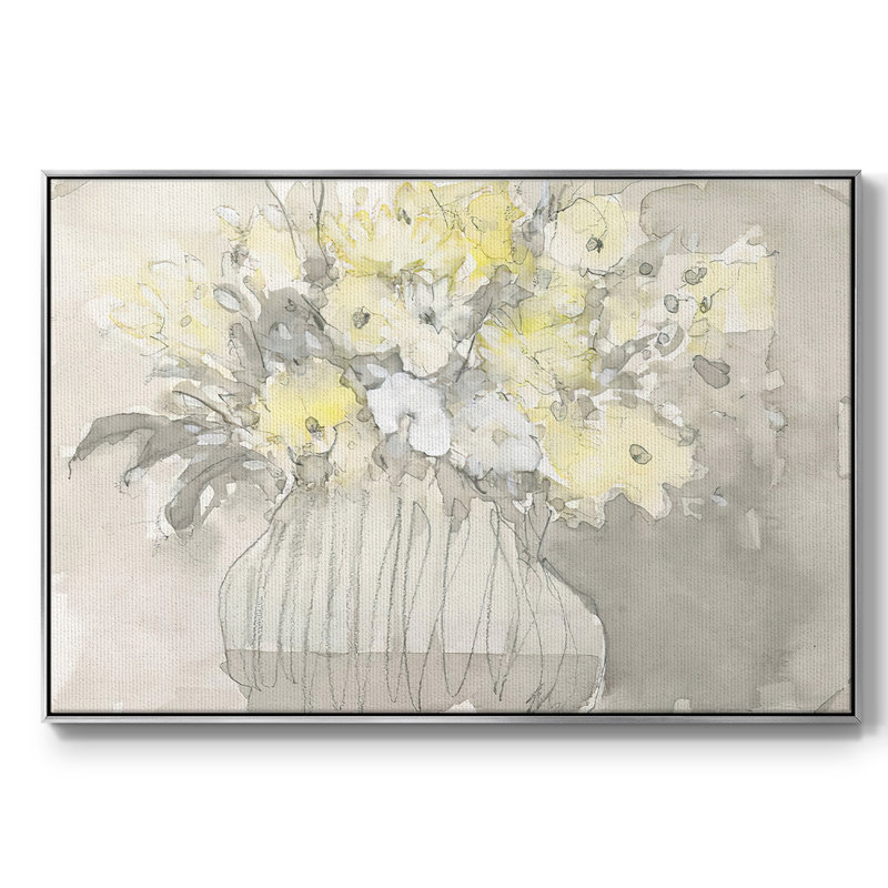 Fleurs rétro I, Toile argentée avec cadre flottant, H 17 po x l 25 po x P 2 po