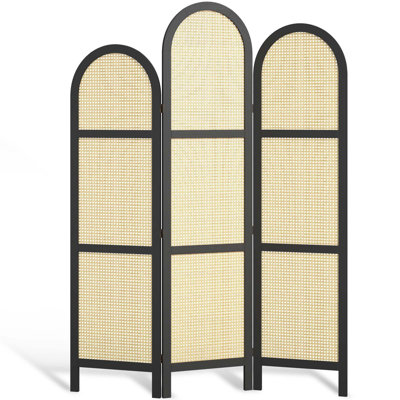 3-Panel Pine Wood Frame Room Divider with Natural Cane Design – Modern Japanese-Inspired Folding Screen by Bay Isle Home
