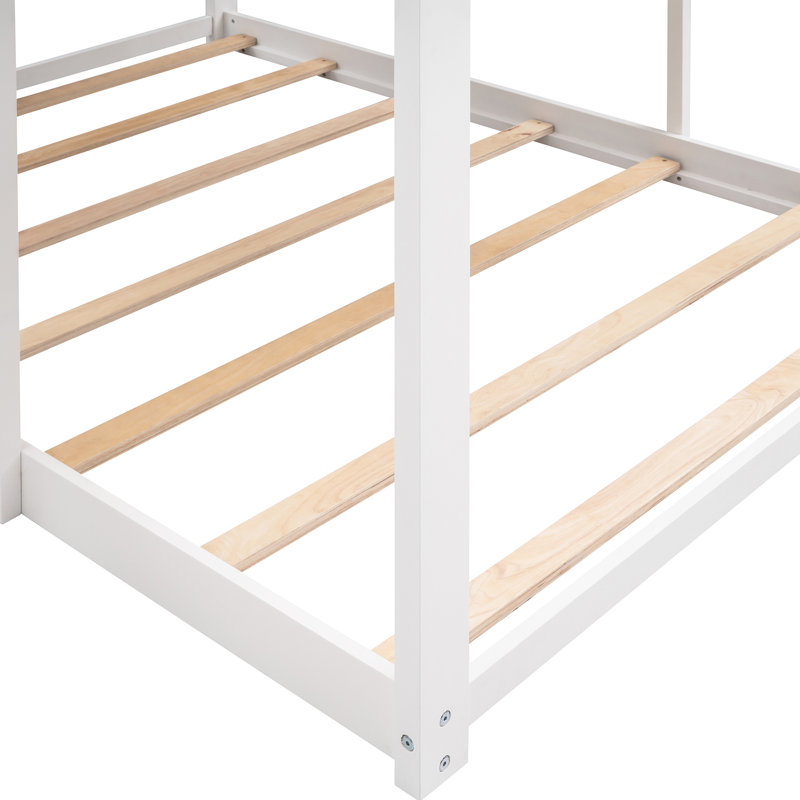 Lit double superposé au-dessus de bois blanc - Améliore le style de la chambre à coucher avec toit, fenêtre, garde-corps et aire de jeu pour le divertissement