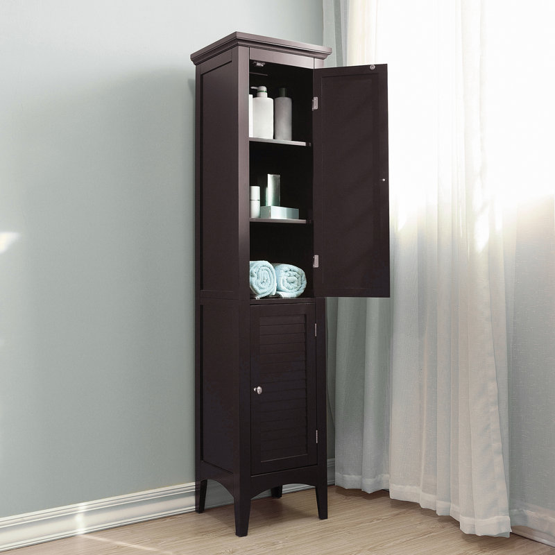 Benicio Freestanding Linen Accent Tower Cabinet with Faux Louvred Doors and Adjustable Shelf, Dark Brown