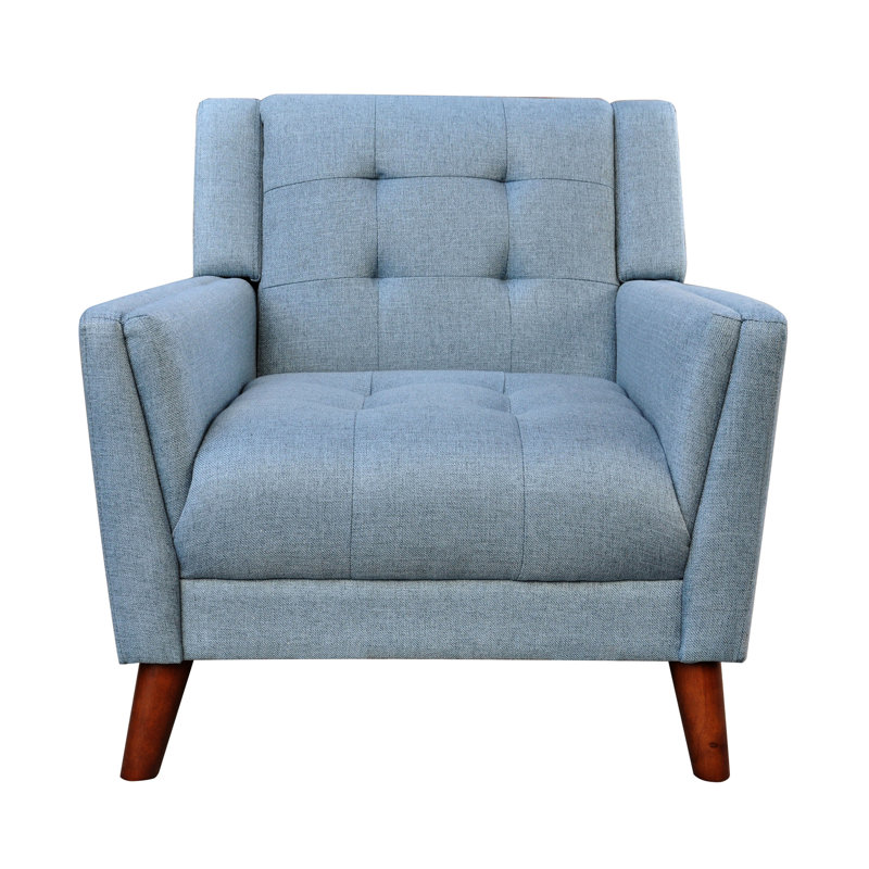 Fauteuil avec revêtement bleu, pieds en bois de bouleau, détails, ressort sinueux, 32,95 po Hauteur de l'emballage, jusqu'à 300 lb Habitation avec revêtement en bleu, repose-pieds, conception, rembourrage en mousse, largeur de 31 po,