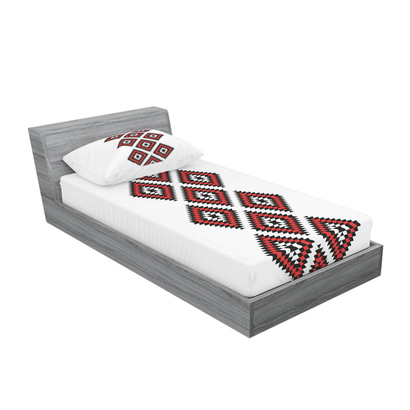 White and Vermilion Geometric Microfiber Twin Sheet Set