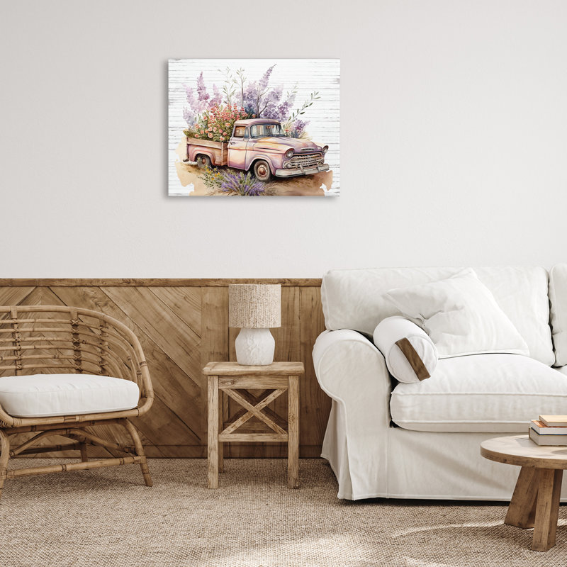 Art mural lavande sur toile camion rempli de lettres et de lignes, H 24 po x l 30 po