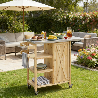 Solid Fir Wood Outdoor Kitchen Cart With Stainless Steel Drop-Leaf Top