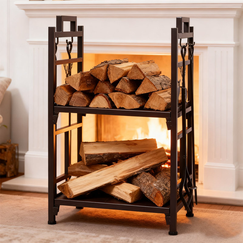 Support à bois de chauffage à 2 niveaux avec crochets à outils - Support de rangement de bûches intérieur / extérieur noir pour foyer et foyer, avec pinces, allumettes, balais et pelles