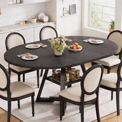 47"-61" Extendable Dining Table for 4-8, Modern Industrial Round to Oval Kitchen Table with Hidden Storage Shelf, Space-Saving Pedestal Base for Small Apartment & Living Room