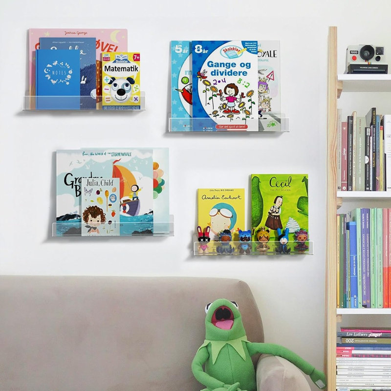 Bibliothèque flottante en acrylique, paquet de 4, tablettes murales modernes transparentes, bibliothèque à rebords invisibles pour les chambres, les chambres de bébé et les espaces familiaux