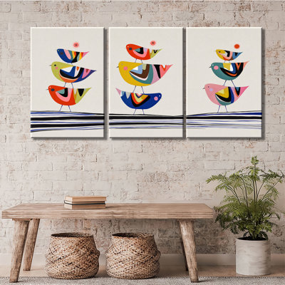 Colorful Geometric Stacked Bird Scandinavian Minimalist Illustration Wrapped Canvas Ready To Hang Kids Bedroom Wall Decor 3 Pieces Canvas Print Wall Art