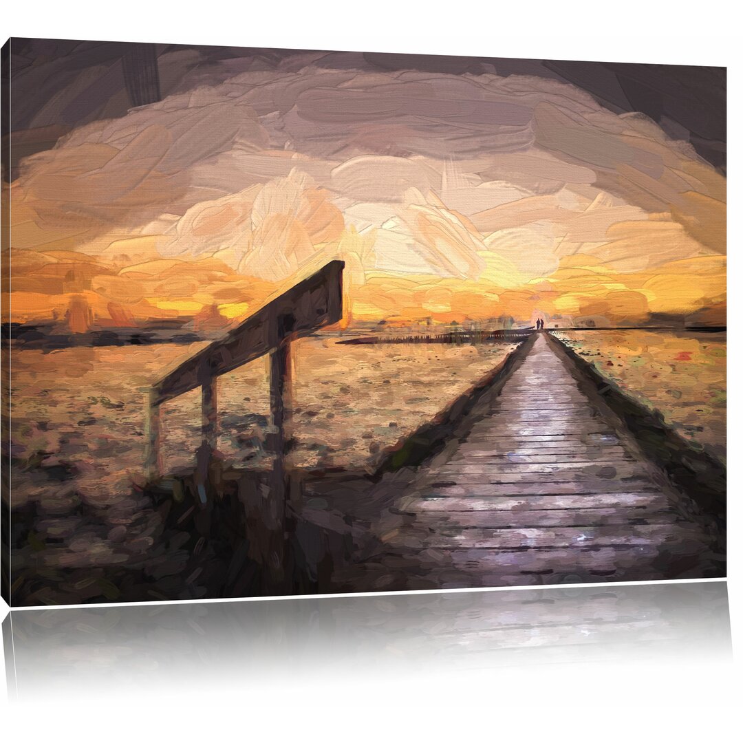 Leinwandbild "Langer Steg im Sonnenuntergang an der Nordsee", Grafikdruck