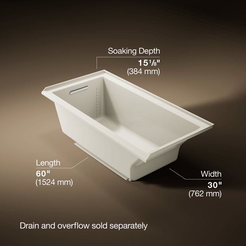 Underscore 60" x 30" Drop In Soaking Acrylic Bathtub, Left, Biscuit