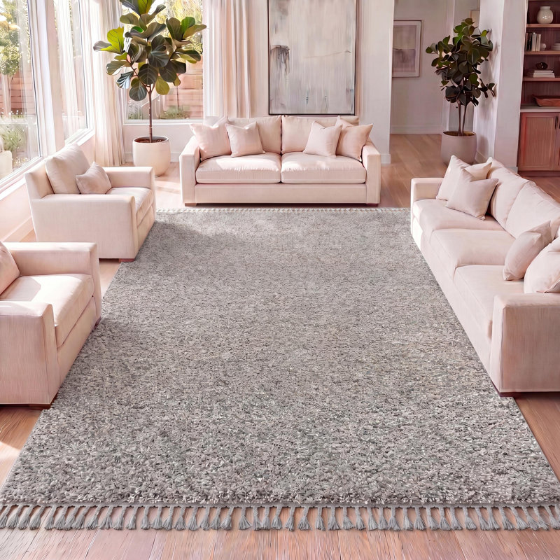 Tapis gris à poil long et pampilles Felicdad, Rectangle 4pi x 6 pi