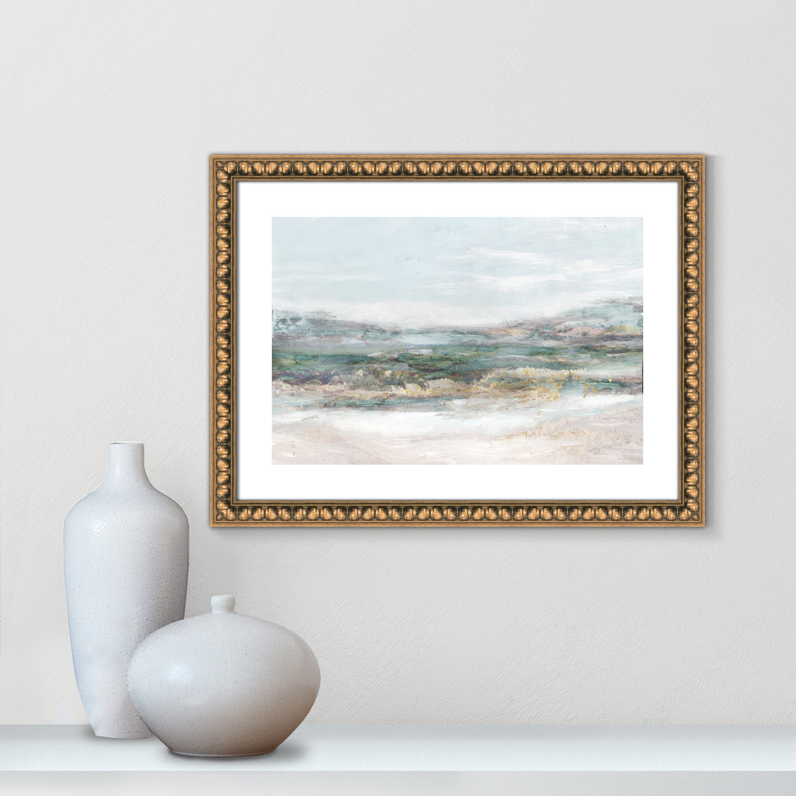 White, Gold Bead Framed Paper, 17" H x 23" W x 1.125" D