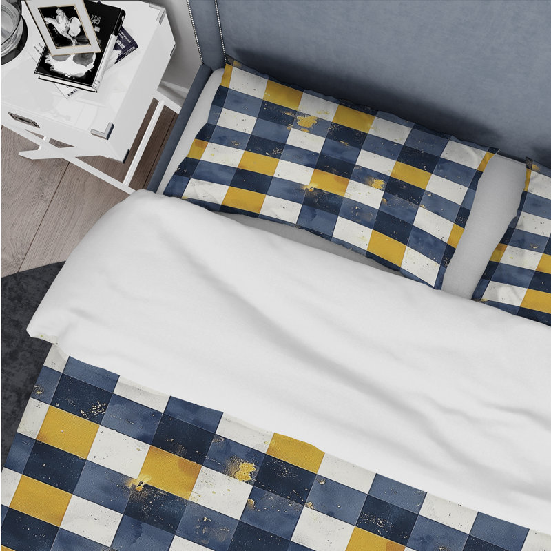 Ensemble de housse de couette moderne à imprimé vichy bleu et jaune I, Housse de couette très grand et 2 très grandes t