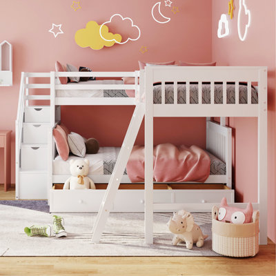 Twin Over Full Bunk Bed With 3 Drawers In White. Solid Wood Build For Longevity. Staircase Convenience. Extra Storage L-Shaped White - Construction A Delightful Bedroom