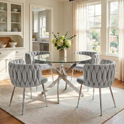 Ensemble de table de salle à manger ronde 35 po en verre pour 4, 5 pièces, ensemble de table de salle à manger ronde moderne, table de salle à manger en verre transparent avec 4 chaises rembourrées en velours, pour la cuisine, la salle à manger, l’appartement