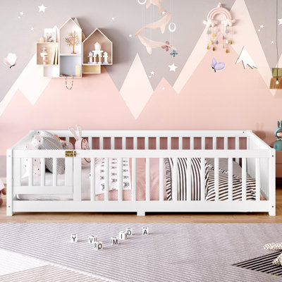 Full Size Bed Floor Bed With Safety Guardrails And Door For Kids