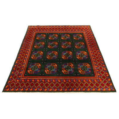 Tapis vert foncé en laine noué à la main de conception unique 6 pi 9 po x 9 pi 6 po Kargahi