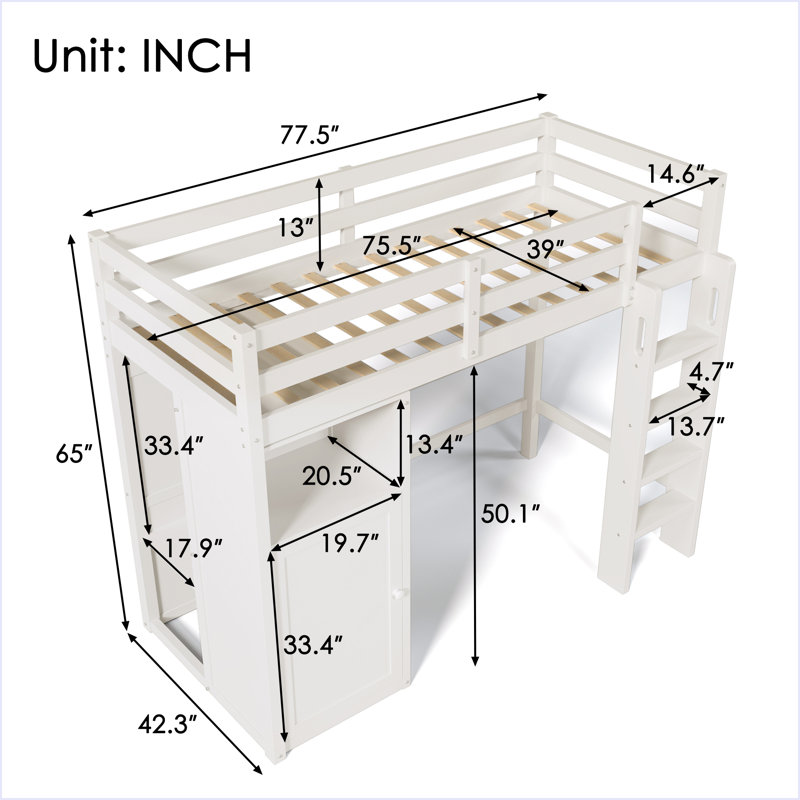 Lit mezzanine simple avec garde-robe, tablettes de rangement, Blanc / Blanc