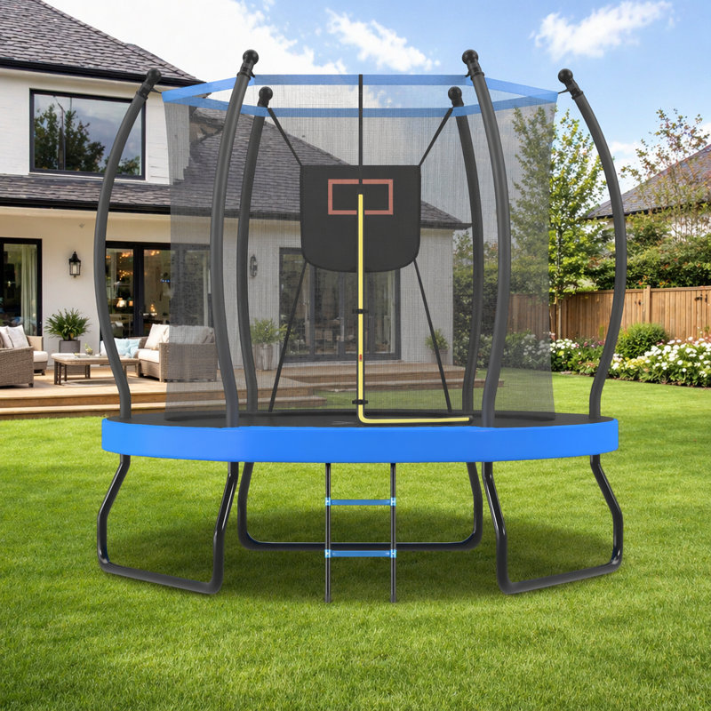 Trampoline 8 pi avec panier de basketball, filet d'enclos et échelle pour un jeu extérieur sécuritaire et amusant