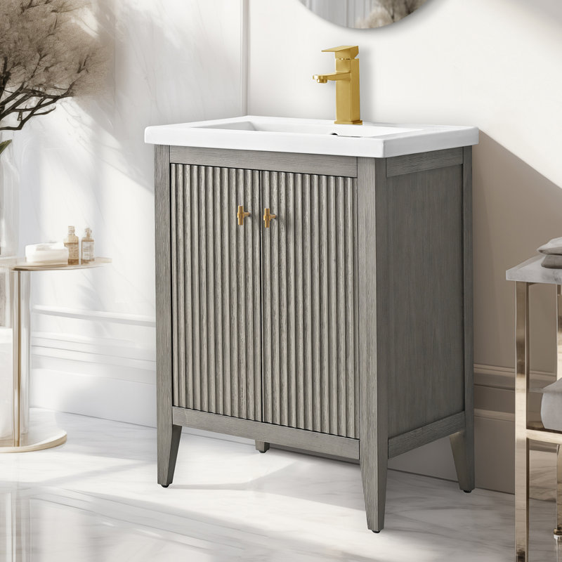 Ensemble de meuble-lavabo sur pied lavabo simple 24 po avec plateau en céramique blanche, Doré brossé, Gris flottant linéaire