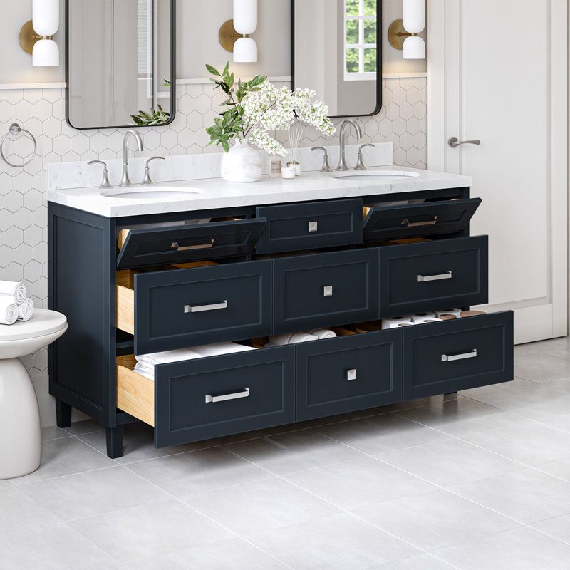 Ariel Monrow 66 Inch Double Oval Sink Bathroom Vanity With Carrara White Quartz Countertop, Midnight Blue