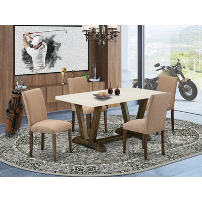 5-Piece Dining Room Set Includes a Linen White (Off-White) Wood Table and 4 Light Sable Linen Fabric Parson Chairs - Distressed Jacobean Finish