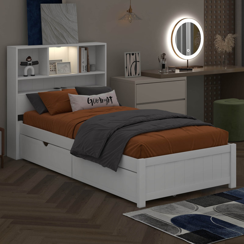 Twin Size Wood Platform Bed With Bookcase Headboard And 2 Side Drawers, Bed Frame With Built-In Downlight And Charging Station