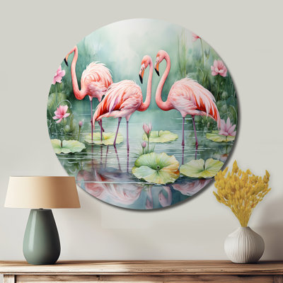 «Elegant Pink Flamingo Paradise», art mural rond en métal animaux