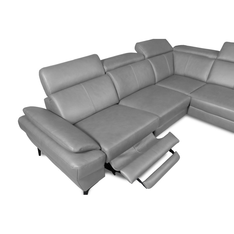 Genuine Leather Reclining Corner Sofa with Adjustable Headrests and Adjustable Armrest and Storage, Light Gray