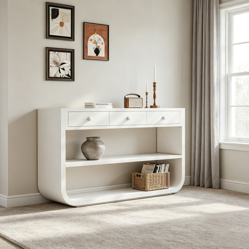 Console moderne avec 3 tiroirs à fermeture en douceur et 2 tablettes ouvertes, base en bois massif, table d'entrée pour le vestibule