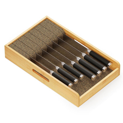 Knife Drawer Organizer 9 Inches Wide Bamboo Insert Dock, Kitchen Steak Knives Holder Organizers Block For Drawer In Storage Organization (Medium, Natural)