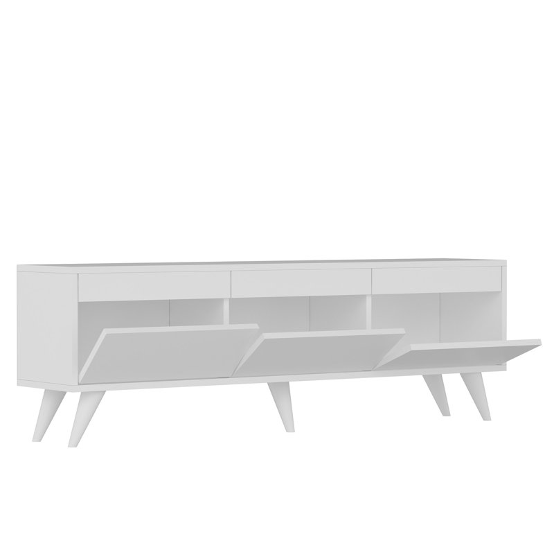 Meuble télé élégant, blanc, 59,1 po x 11,8 po x 18,9 po | 100% panneau de particules enduit de mélamine, épaisseur: 0,7 pouce | Pieds en PVC durable, hauteur des pieds 5,9 pouces | Design moderne pour le salon et les espaces de divertissement, assemblage facile