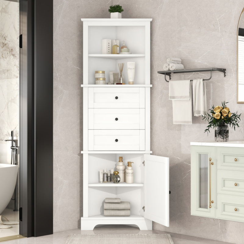 Triangle Tall Cabinet With 3 Drawers And Adjustable Shelves For Bathroom, Kitchen Or Living Room, MDF Board With Painted Finish