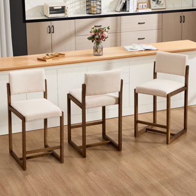 Ensemble de 2 tabourets de bar rembourrés en lin avec tabourets de bar en bois massif