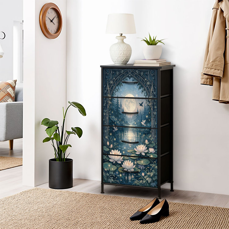 Commode 4 tiroirs pour chambre à coucher, commode étroite, plateau en bois et structure en fer 18 po x 37,5 po (lxH)